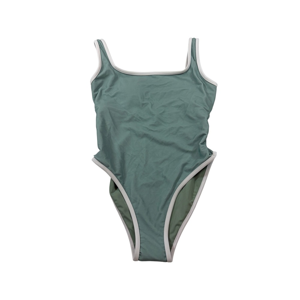 LainSnow Sage Green Ribbed One Piece Swimsuit Square Neck XL Made in USA